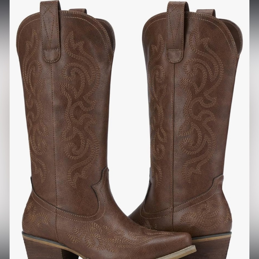 Cowboy Boots for Women Cowgirl Boots Chunky Heel Snip Toe Mid-Calf Boots